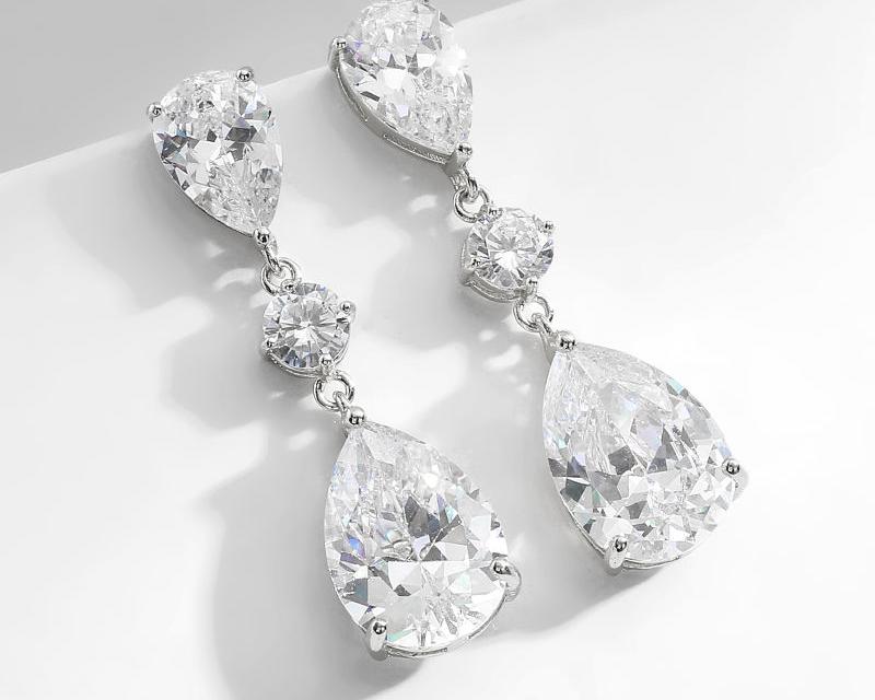 White Crystal Teardrop Long Earrings