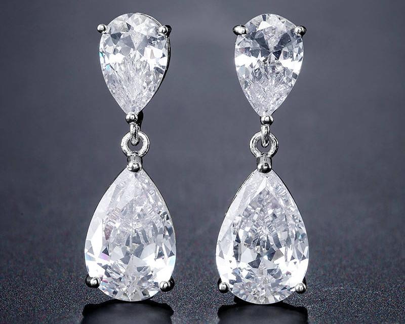White Crystal Teardrop Long Earrings