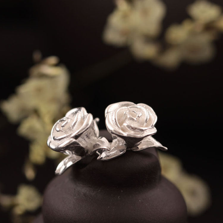Romantic Tiny Rose Shaped Silver Stud Earrings