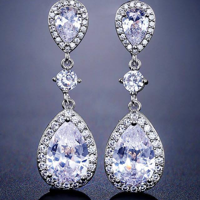 White Crystal Teardrop Long Earrings