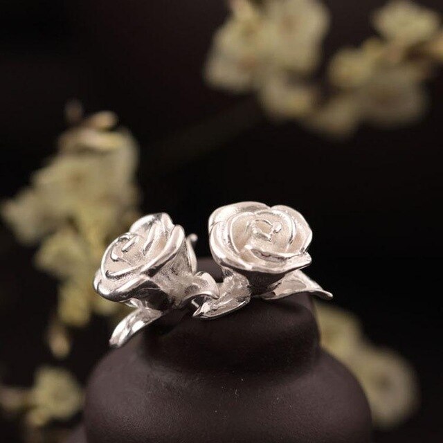 Romantic Tiny Rose Shaped Silver Stud Earrings
