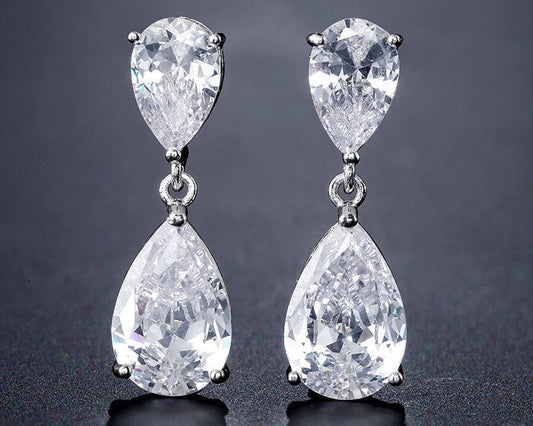 White Crystal Teardrop Long Earrings