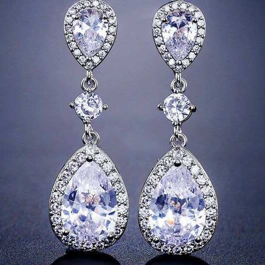 White Crystal Teardrop Long Earrings
